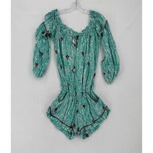 Poupette St Barth Green Red Floral Long Sleeve Embroidered Romper Sz M